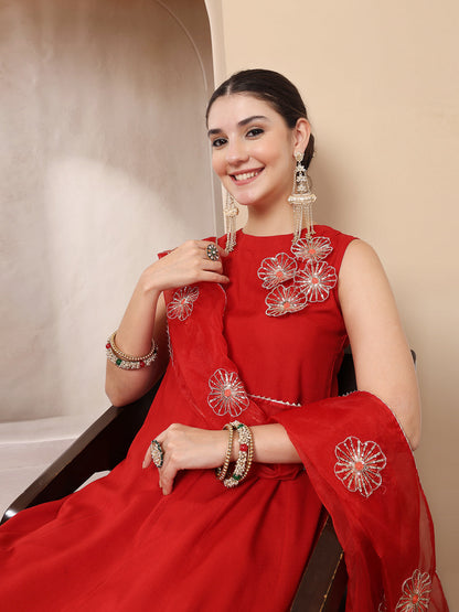 Red Solid & Embellished Rayon Flared Kurta Palazzo Dupatta Set