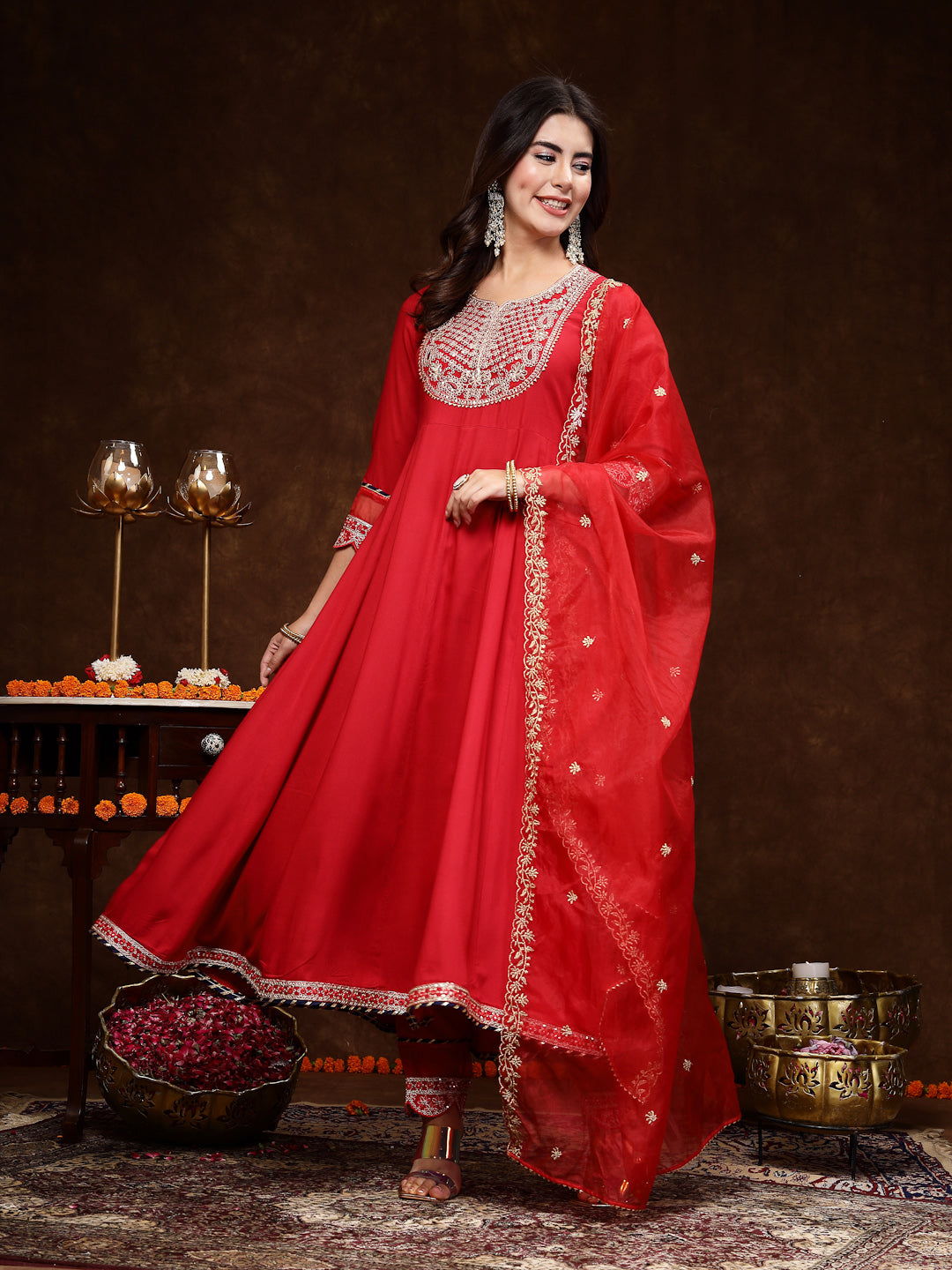 Red Solid & Embroidered Rayon Anarkali Kurta Pant Dupatta Set