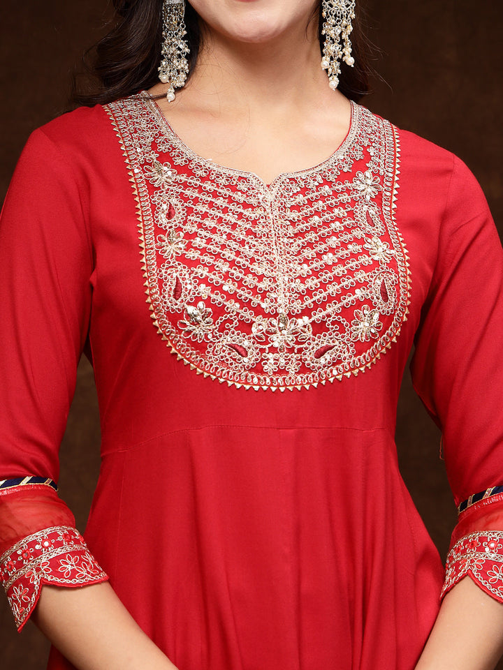 Red Solid &amp; Embroidered Rayon Anarkali Kurta Pant Dupatta Set