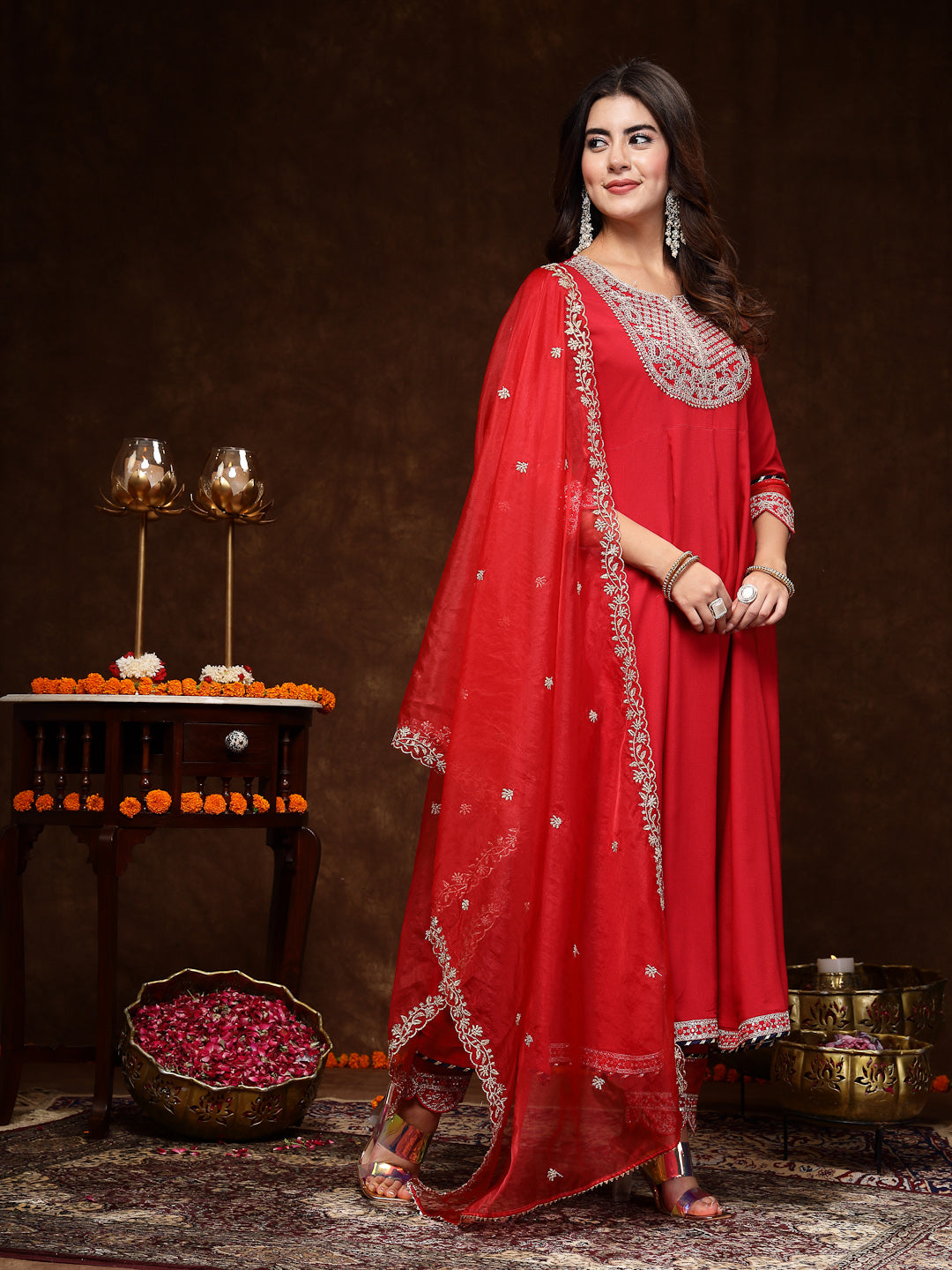 Red Solid &amp; Embroidered Rayon Anarkali Kurta Pant Dupatta Set