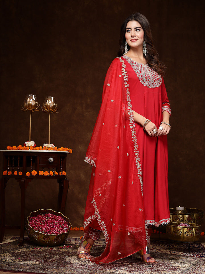 Red Solid &amp; Embroidered Rayon Anarkali Kurta Pant Dupatta Set