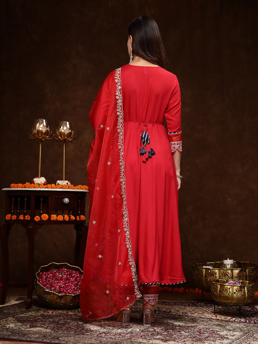 Red Solid &amp; Embroidered Rayon Anarkali Kurta Pant Dupatta Set