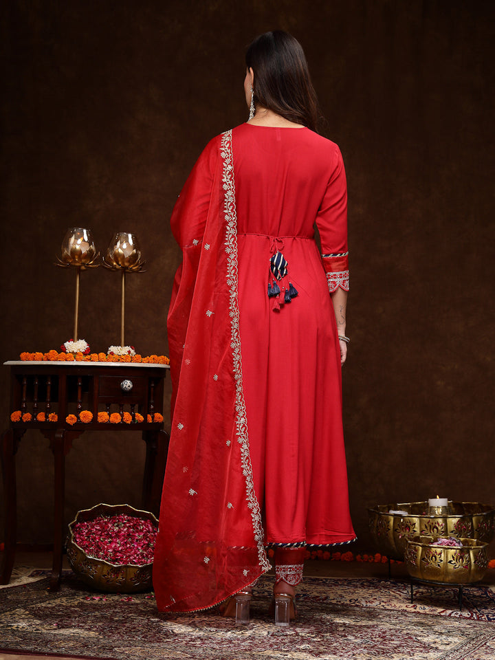 Red Solid &amp; Embroidered Rayon Anarkali Kurta Pant Dupatta Set