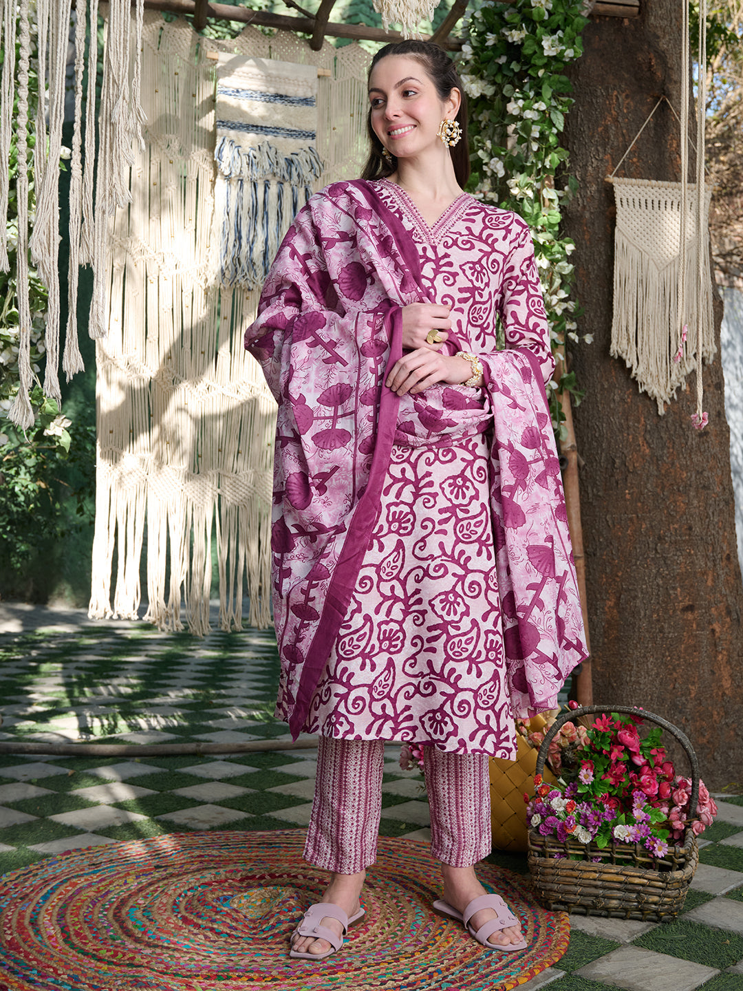 Red Ethnic Printed Cotton Blend Straight Kurta Pant Dupatta Set