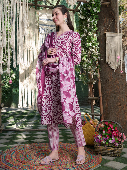 Red Ethnic Printed Cotton Blend Straight Kurta Pant Dupatta Set