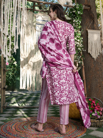 Red Ethnic Printed Cotton Blend Straight Kurta Pant Dupatta Set
