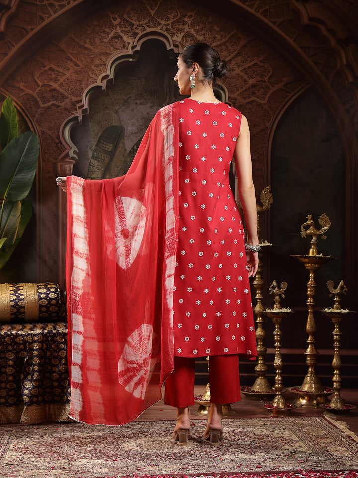 Floral Printed &amp; Embroidered Rayon A-Line Kurta Pant Dupatta Set