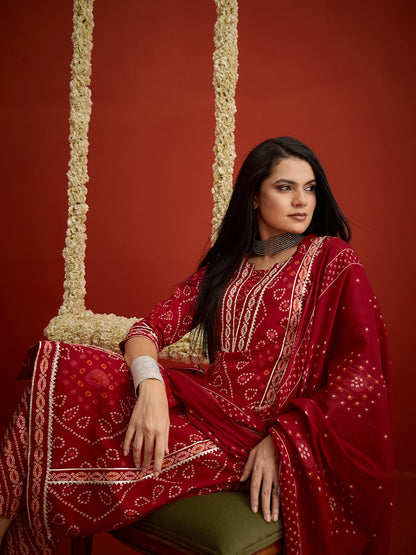 Bandhej Printed Cotton Straight Kurta Pant Dupatta Set