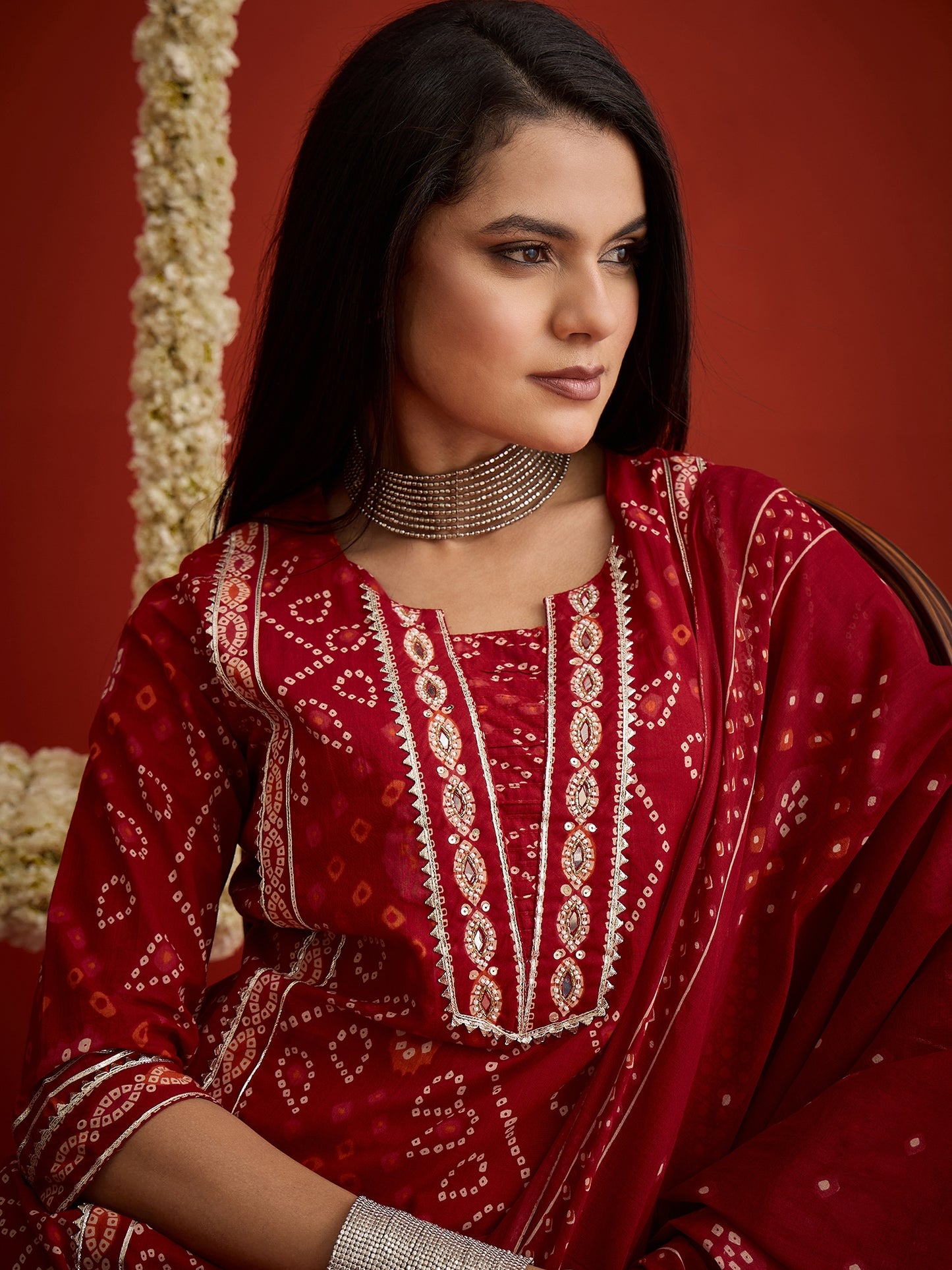 Bandhej Printed Cotton Straight Kurta Pant Dupatta Set