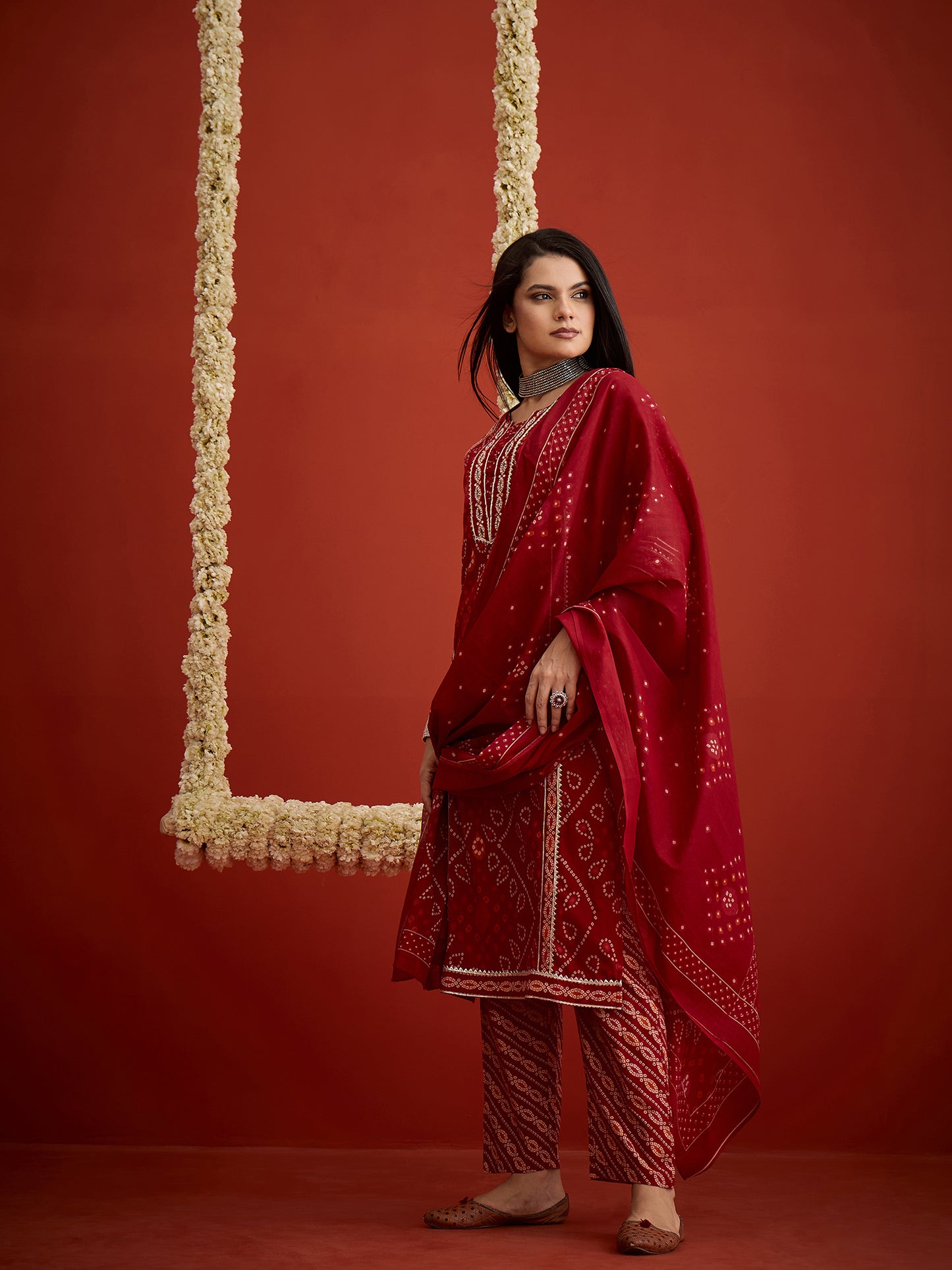 Bandhej Printed Cotton Straight Kurta Pant Dupatta Set