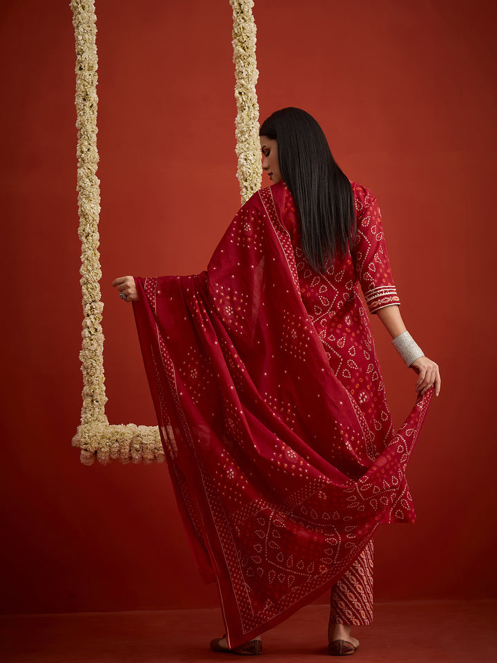 Bandhej Printed Cotton Straight Kurta Pant Dupatta Set
