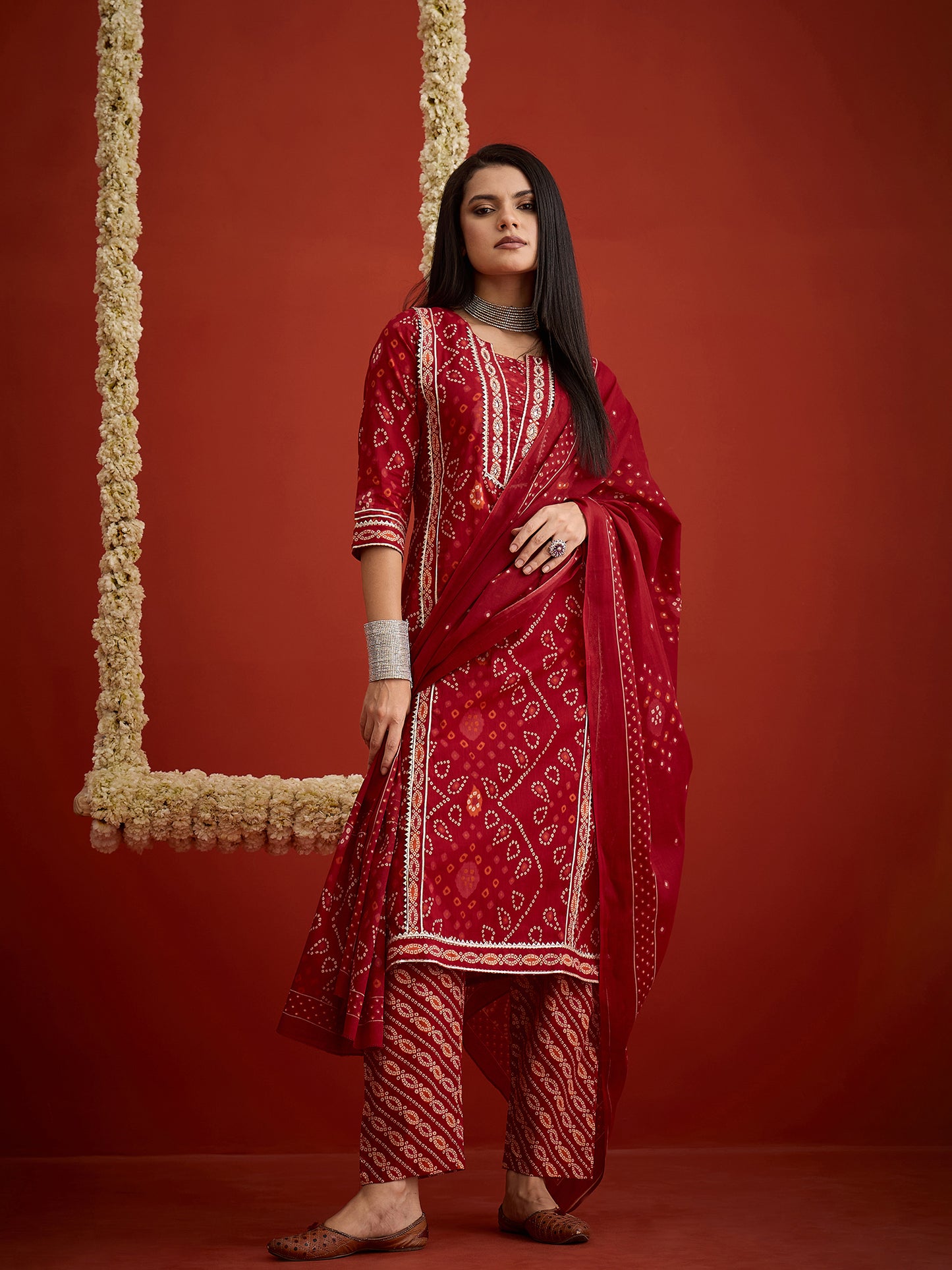 Bandhej Printed Cotton Straight Kurta Pant Dupatta Set