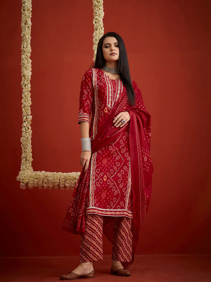 Bandhej Printed Cotton Straight Kurta Pant Dupatta Set