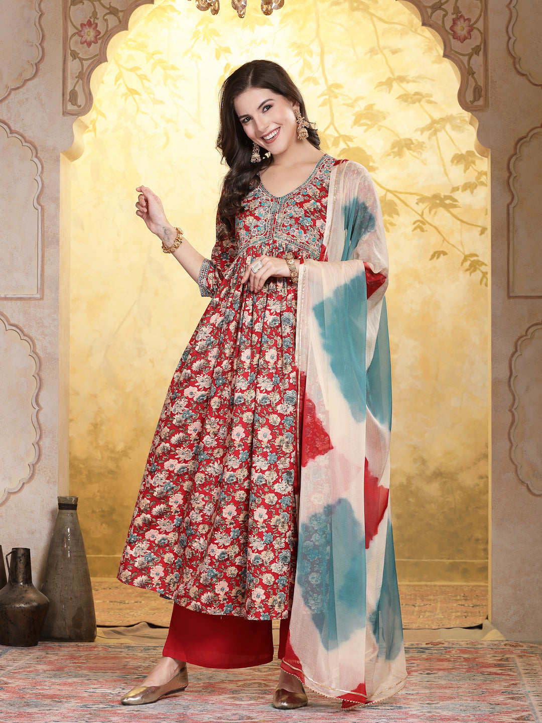 Red Floral Printed & Embroidered Rayon Flared Kurta Palazzo Dupatta Set