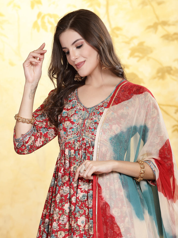 Red Floral Printed &amp; Embroidered Rayon Flared Kurta Palazzo Dupatta Set