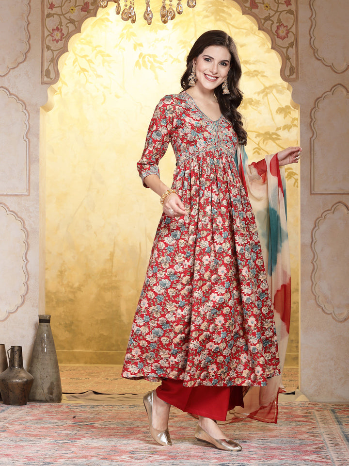 Red Floral Printed &amp; Embroidered Rayon Flared Kurta Palazzo Dupatta Set