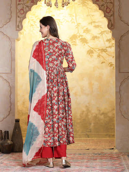 Red Floral Printed & Embroidered Rayon Flared Kurta Palazzo Dupatta Set