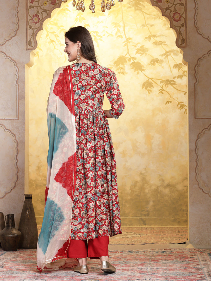 Red Floral Printed &amp; Embroidered Rayon Flared Kurta Palazzo Dupatta Set