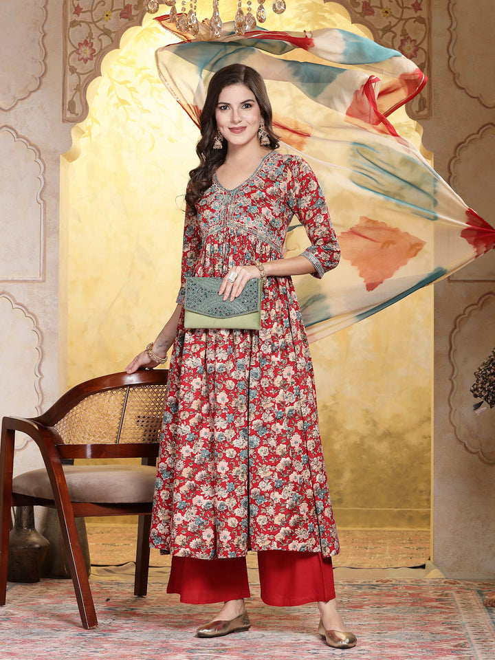Red Floral Printed &amp; Embroidered Rayon Flared Kurta Palazzo Dupatta Set