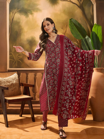 Women's Red Ethnic Printed Cotton Straight Kurta Pant Dupatta Set