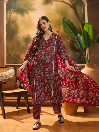 Women's Red Ethnic Printed Cotton Straight Kurta Pant Dupatta Set