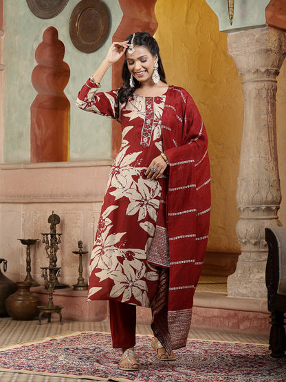 Red Tropical Printed Muslin Straight Silk Kurta Pant Dupatta Set (Pre-Order)