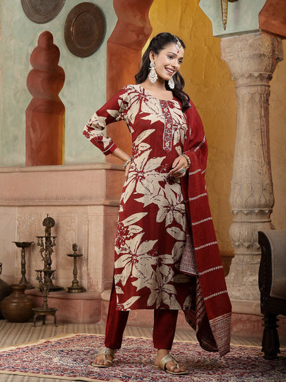 Red Tropical Printed Muslin Straight Silk Kurta Pant Dupatta Set (Pre-Order)