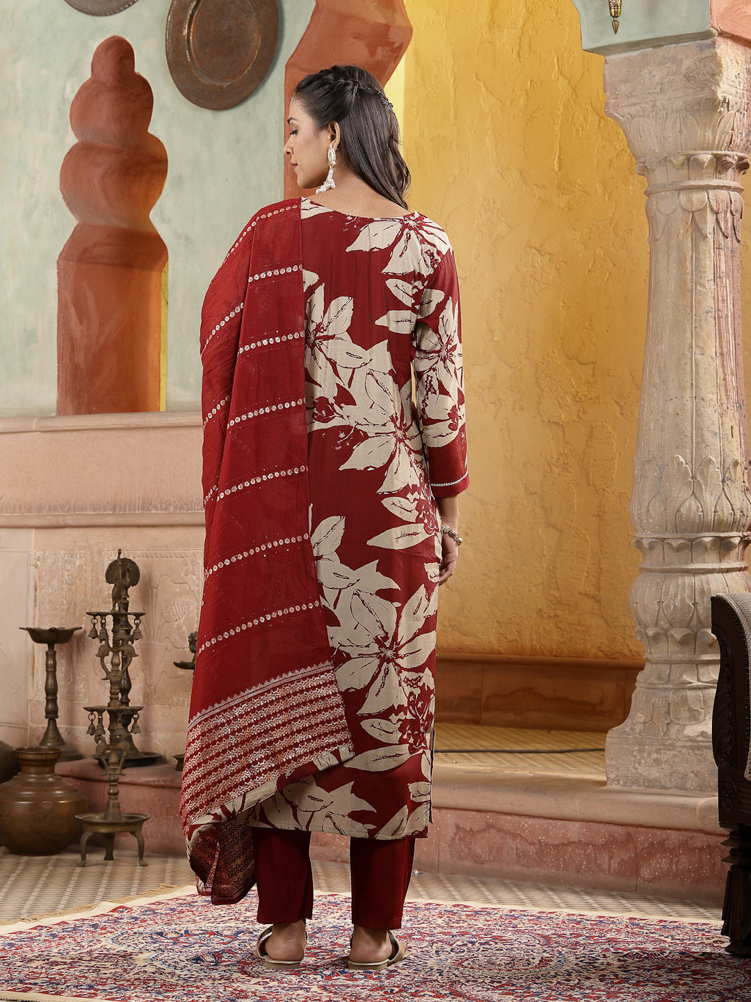 Red Tropical Printed Muslin Straight Silk Kurta Pant Dupatta Set (Pre-Order)