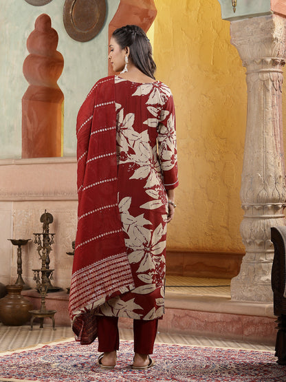Red Tropical Printed Muslin Straight Silk Kurta Pant Dupatta Set (Pre-Order)