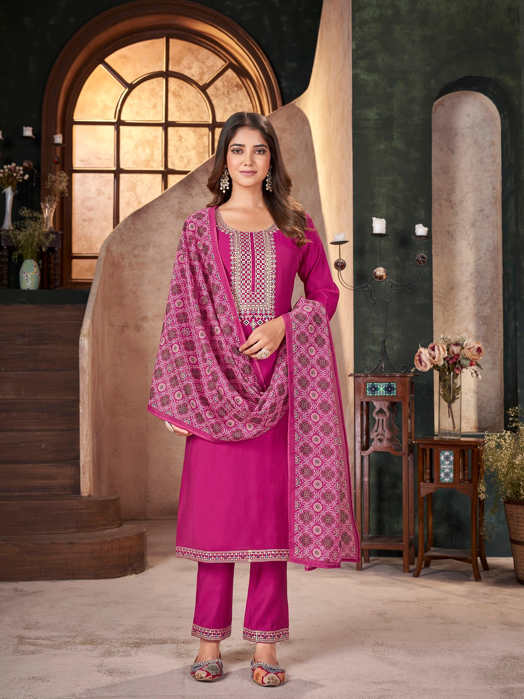 Rose Solid & Embroidered Silk Straight Kurta Pant Dupatta Set (Pre-Order)