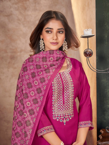 Rose Solid & Embroidered Silk Straight Kurta Pant Dupatta Set (Pre-Order)