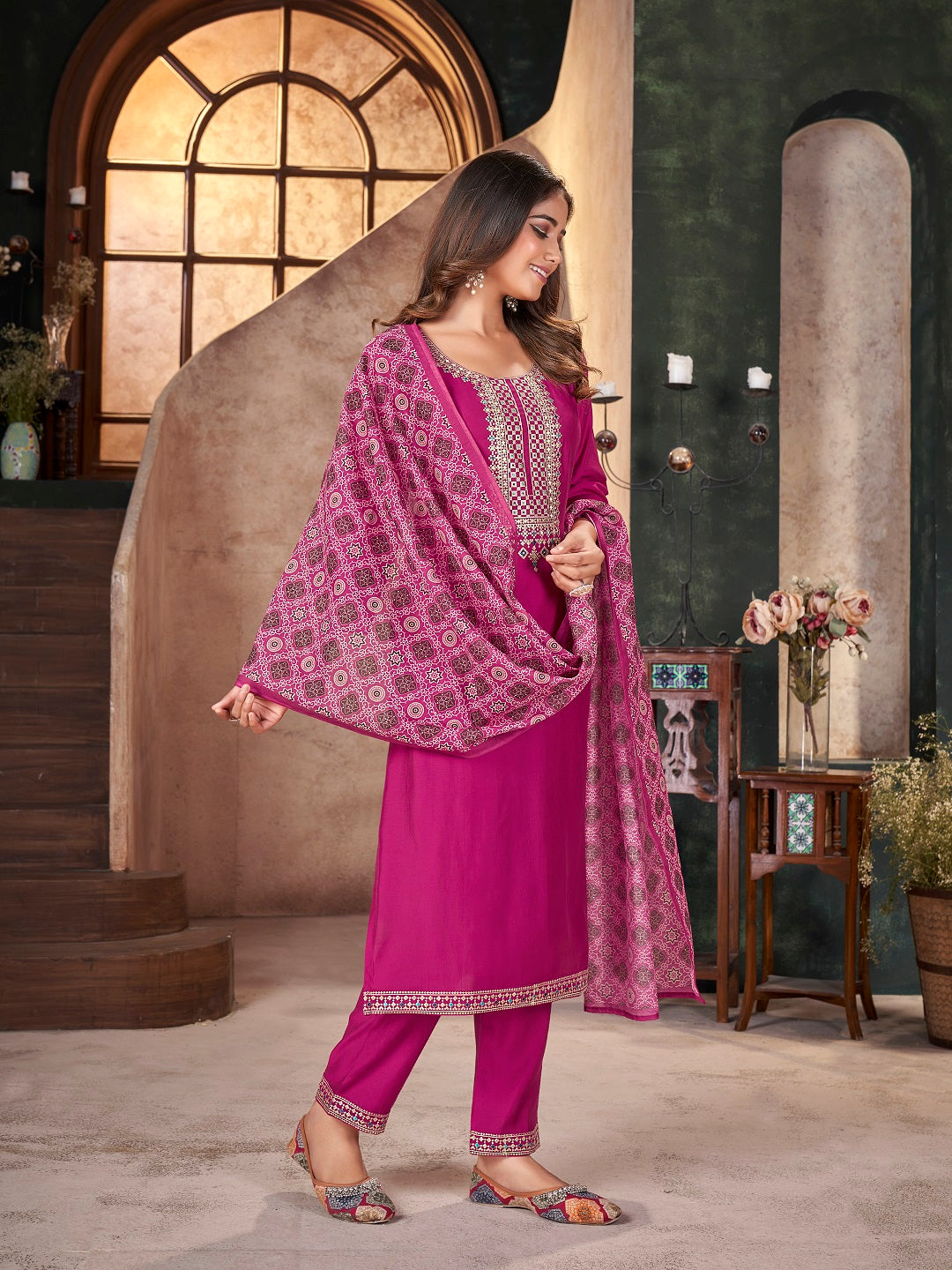 Rose Solid & Embroidered Silk Straight Kurta Pant Dupatta Set (Pre-Order)