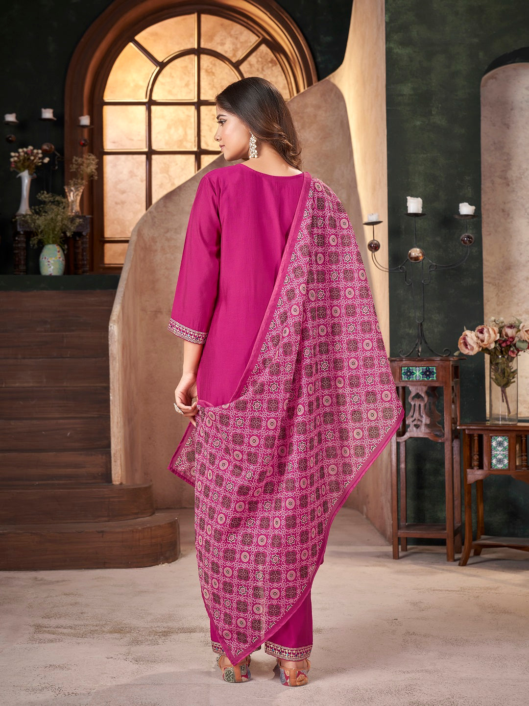 Rose Solid & Embroidered Silk Straight Kurta Pant Dupatta Set (Pre-Order)