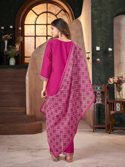 Rose Solid & Embroidered Silk Straight Kurta Pant Dupatta Set (Pre-Order)