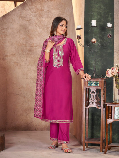 Rose Solid & Embroidered Silk Straight Kurta Pant Dupatta Set (Pre-Order)