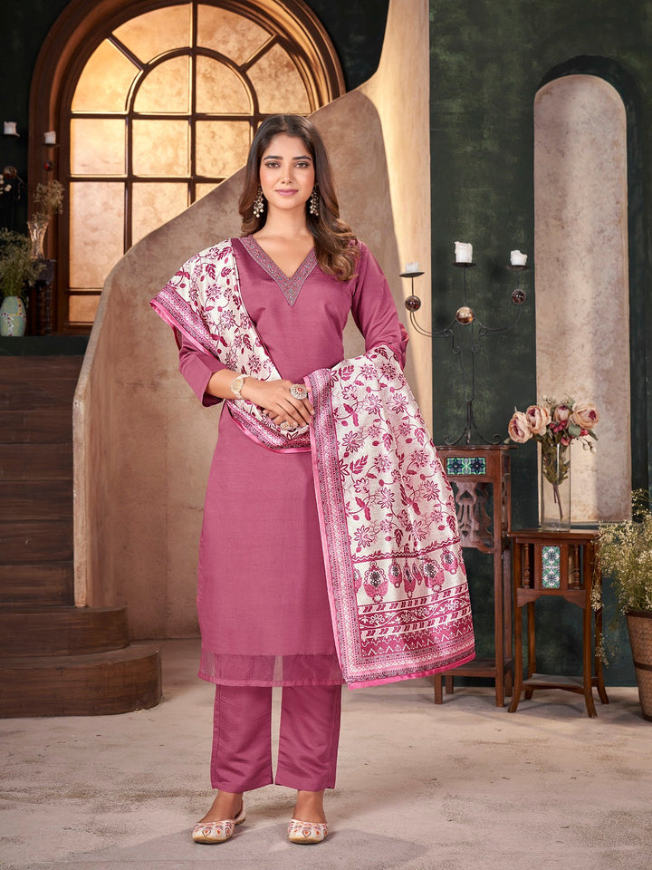 Rose Pink Solid &amp; Embroidered Silk Straight Kurta Pant Dupatta Set