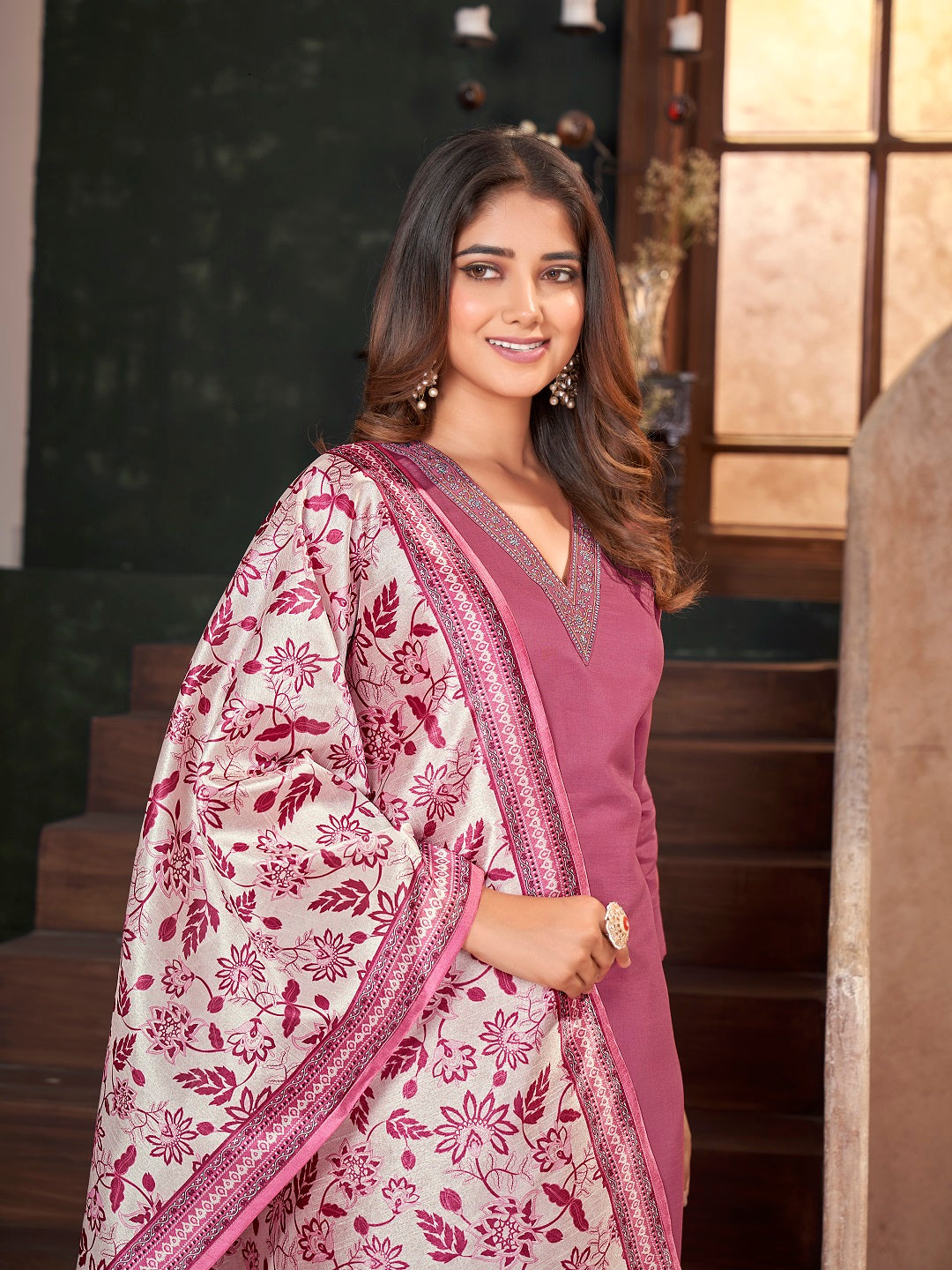 Rose Pink Solid &amp; Embroidered Silk Straight Kurta Pant Dupatta Set