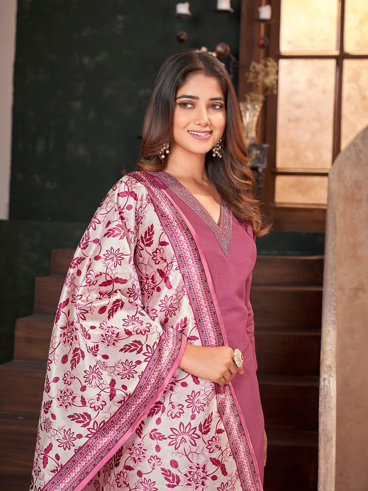 Rose Pink Solid &amp; Embroidered Silk Straight Kurta Pant Dupatta Set