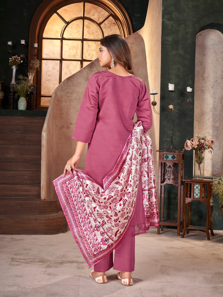 Rose Pink Solid &amp; Embroidered Silk Straight Kurta Pant Dupatta Set