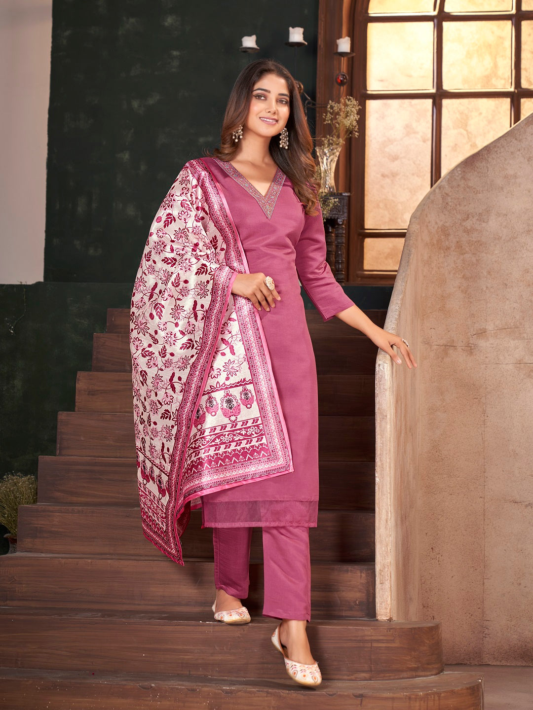 Rose Pink Solid &amp; Embroidered Silk Straight Kurta Pant Dupatta Set