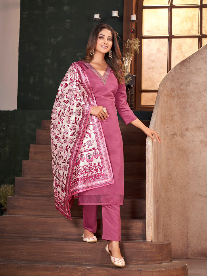 Rose Pink Solid &amp; Embroidered Silk Straight Kurta Pant Dupatta Set