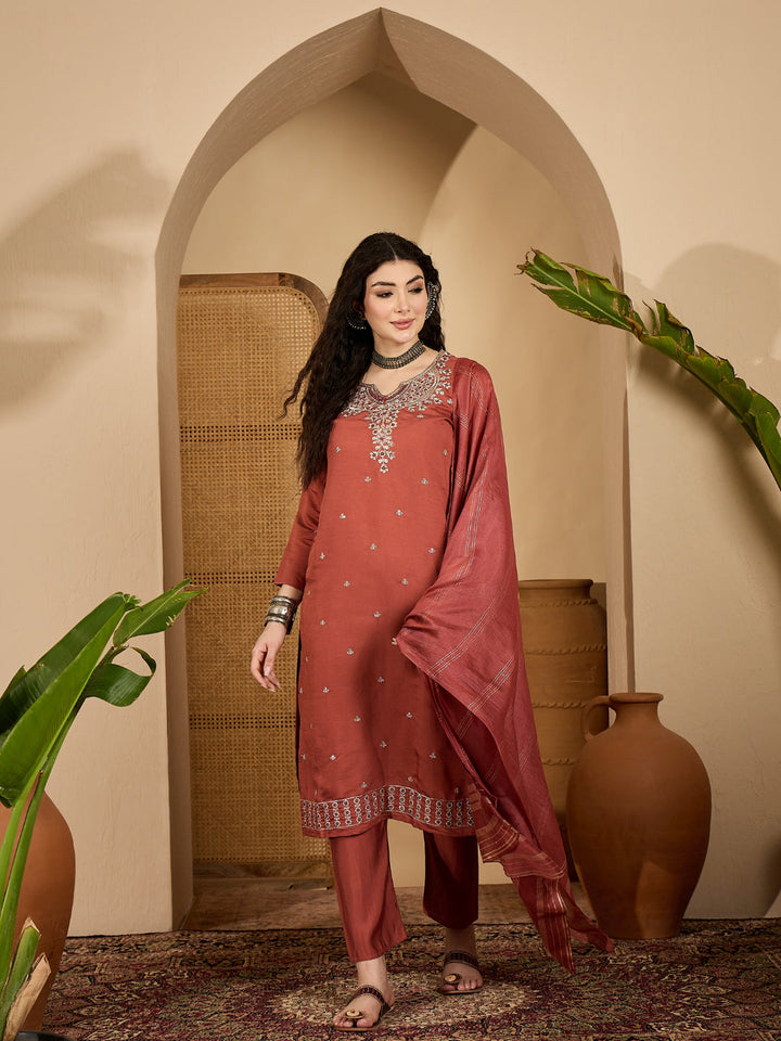 Solid &amp; Embroidered Rayon Straight Kurta Pant Dupatta Set