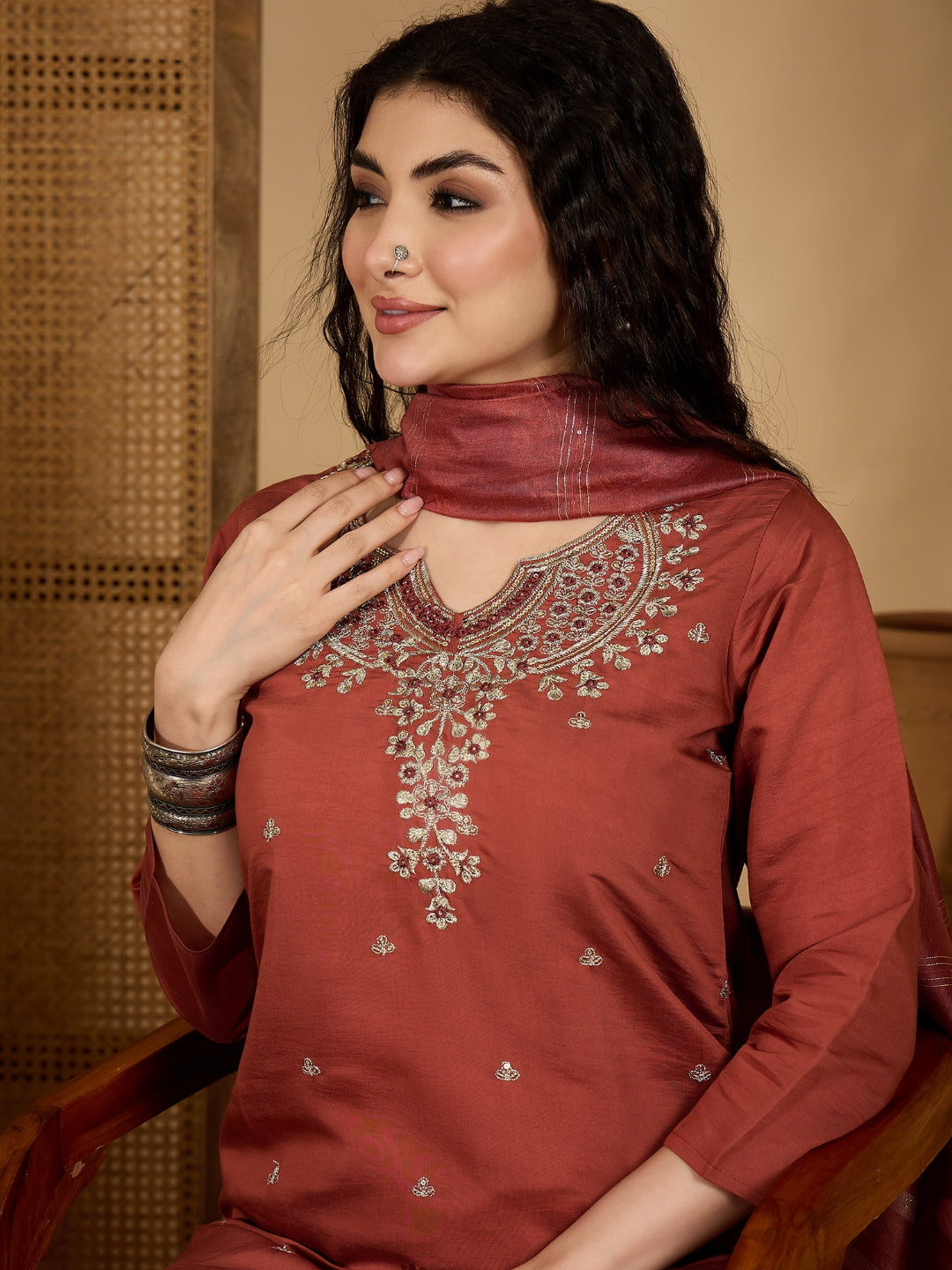 Solid &amp; Embroidered Rayon Straight Kurta Pant Dupatta Set