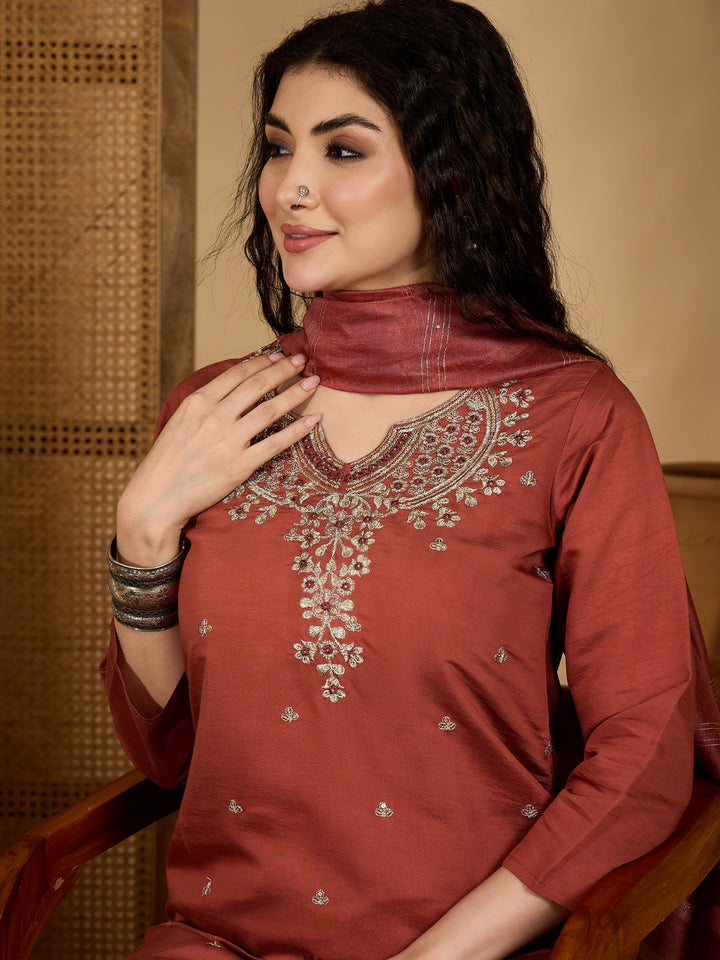 Solid &amp; Embroidered Rayon Straight Kurta Pant Dupatta Set