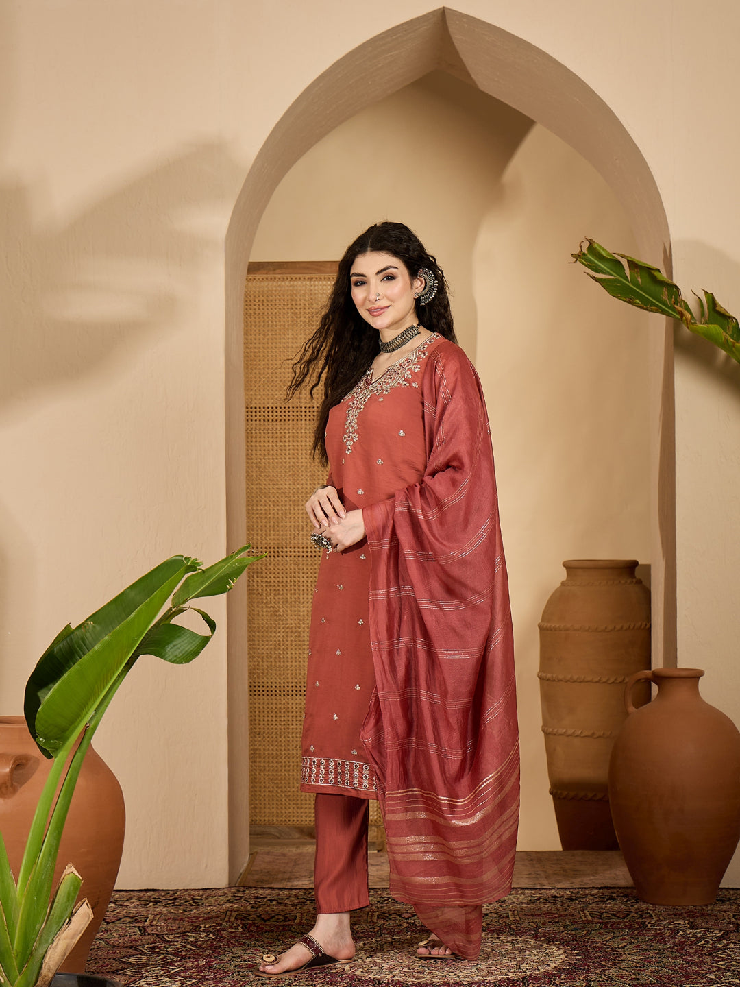 Solid &amp; Embroidered Rayon Straight Kurta Pant Dupatta Set