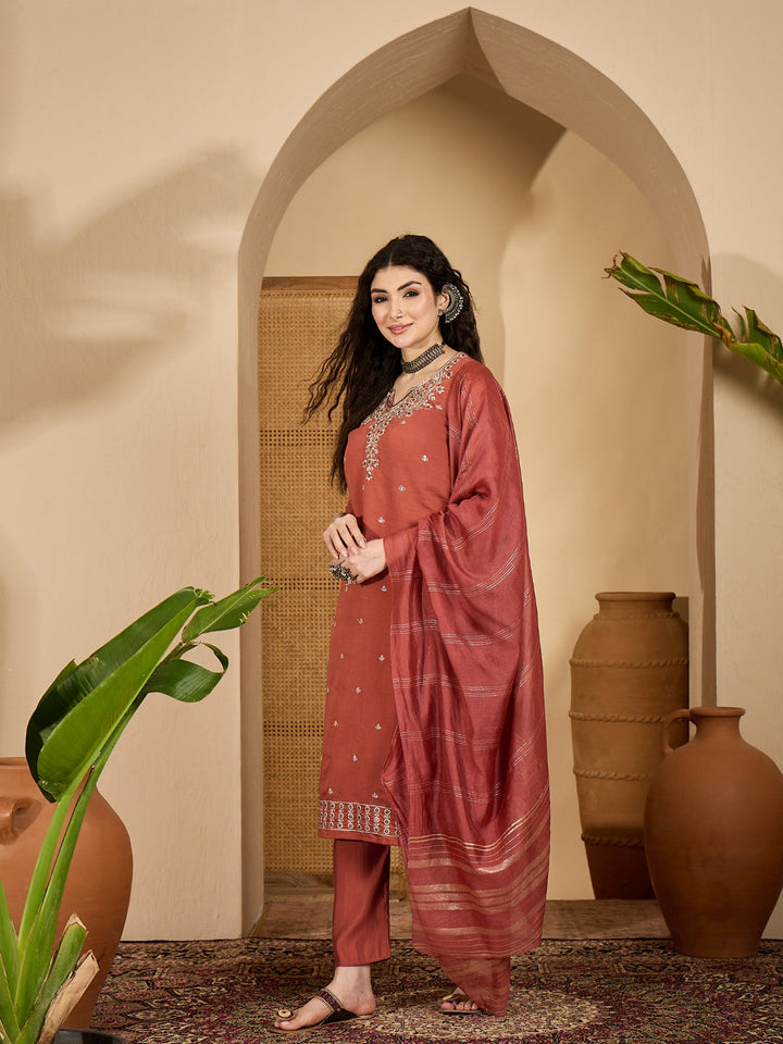 Solid &amp; Embroidered Rayon Straight Kurta Pant Dupatta Set