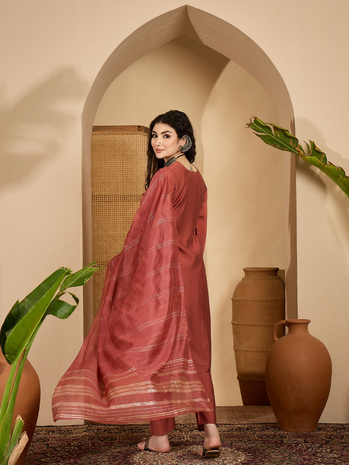 Solid &amp; Embroidered Rayon Straight Kurta Pant Dupatta Set