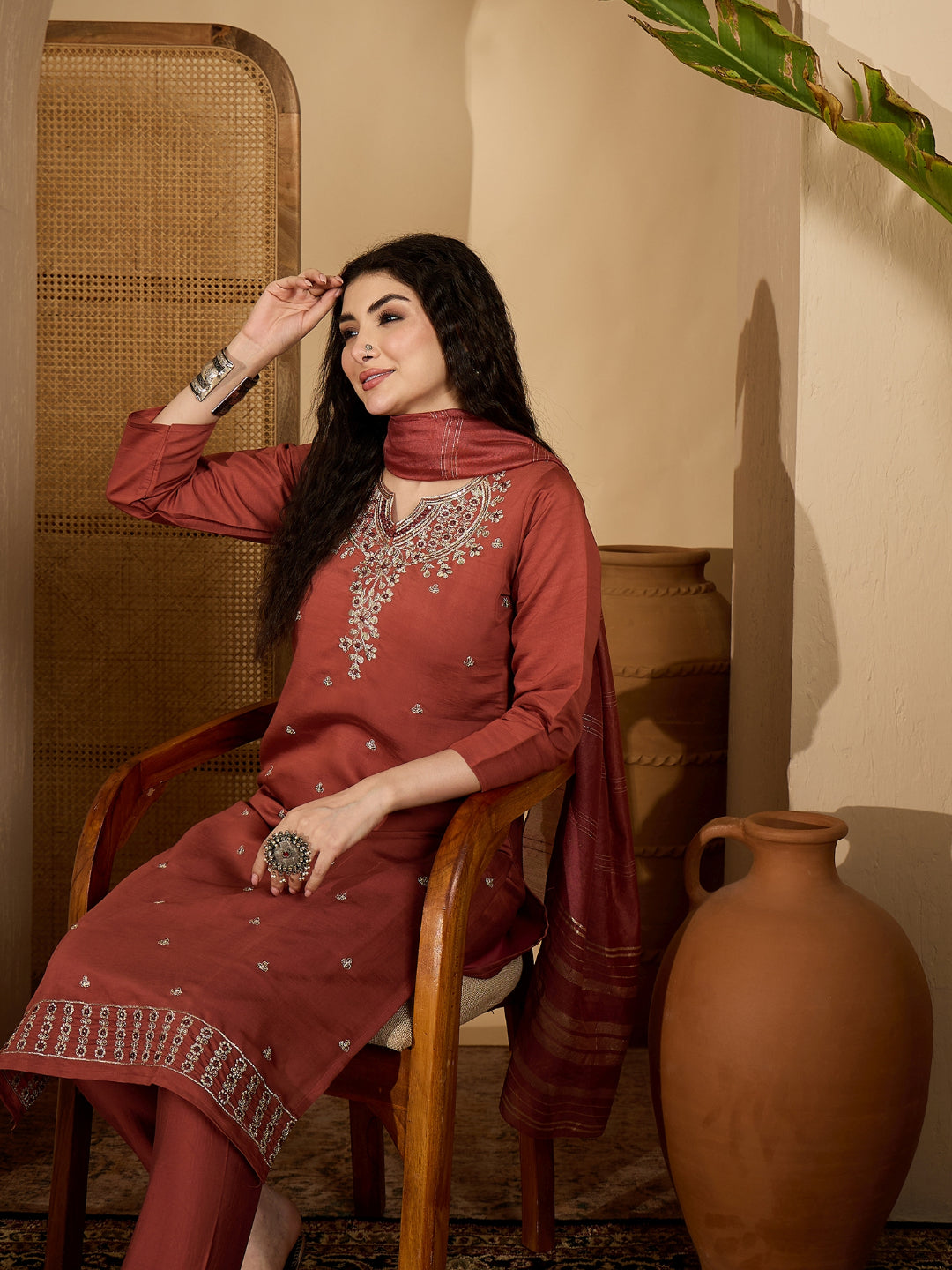 Solid &amp; Embroidered Rayon Straight Kurta Pant Dupatta Set