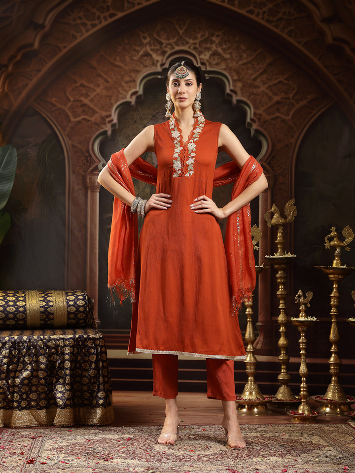 Solid &amp; Embroidered Crepe A-Line Kurta Pant Dupatta Set