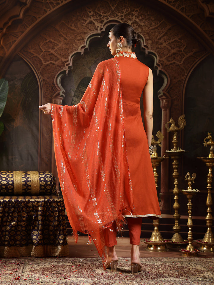 Solid &amp; Embroidered Crepe A-Line Kurta Pant Dupatta Set